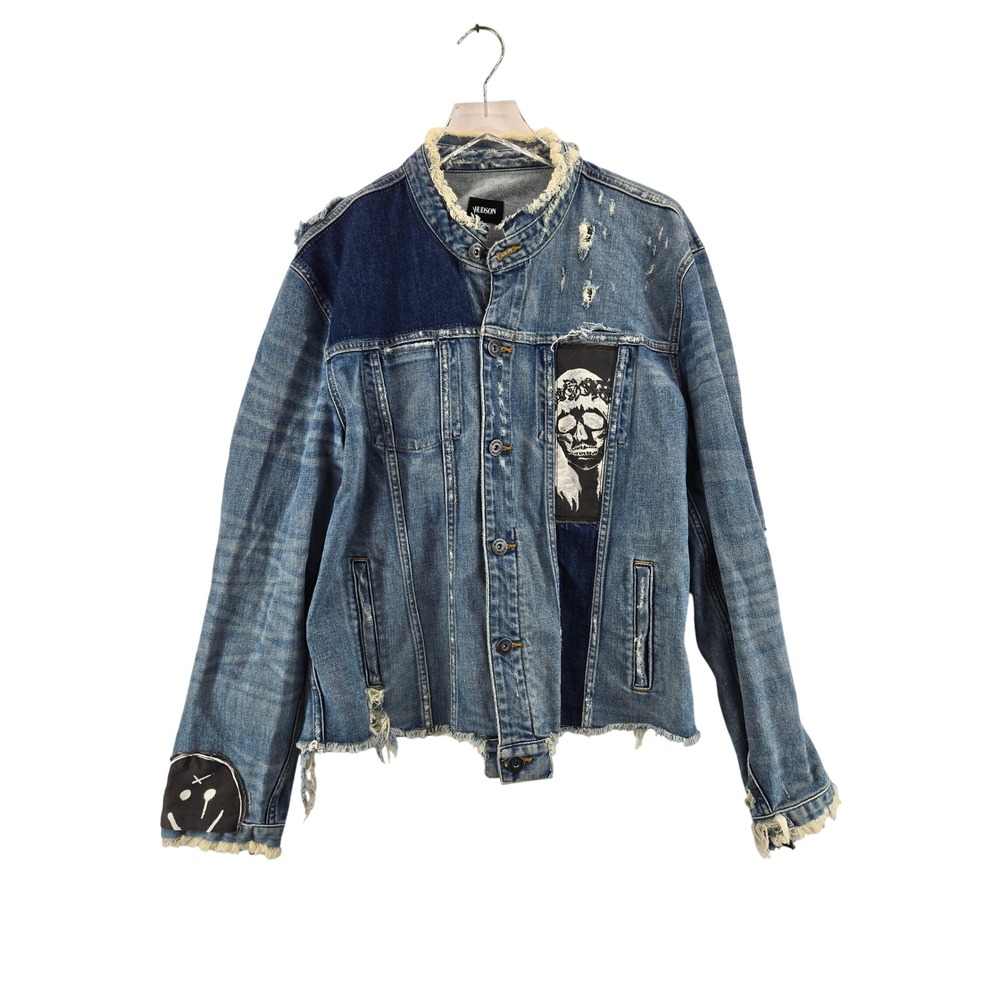 Hudson Blaine Cropped Denim Jacket Mens XL Distressed Blue Patchwork Thrashed
